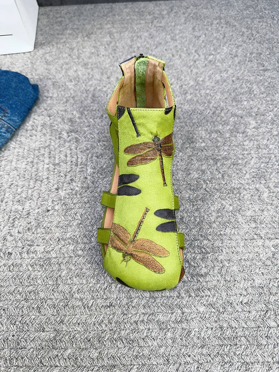 Flat Printed Genuine Leather Roman Sandals for Women