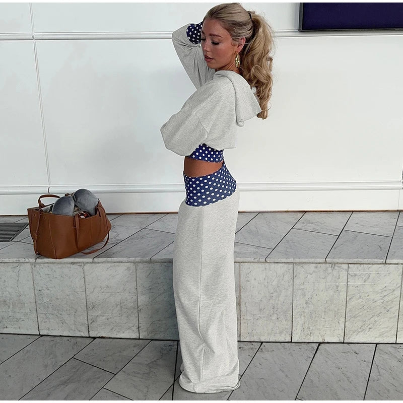 Polka Dot Hooded Zipper Crop Top And Wide Leg Pants For Women