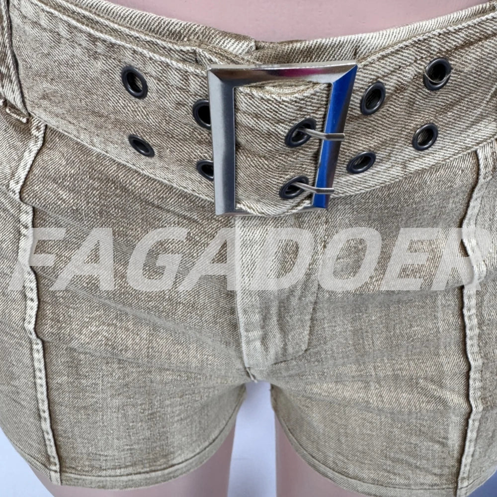 FAGADOER Retro Fashion Denim 2 Pieces Set for Woman Zipper Sleeveless Crop Top + Skinny Shorts Suit Female Streetwear Clothing