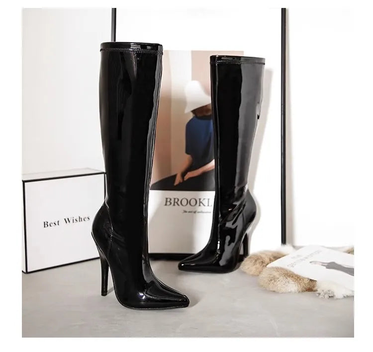 Black Pointed Toe Slim Knee Boots