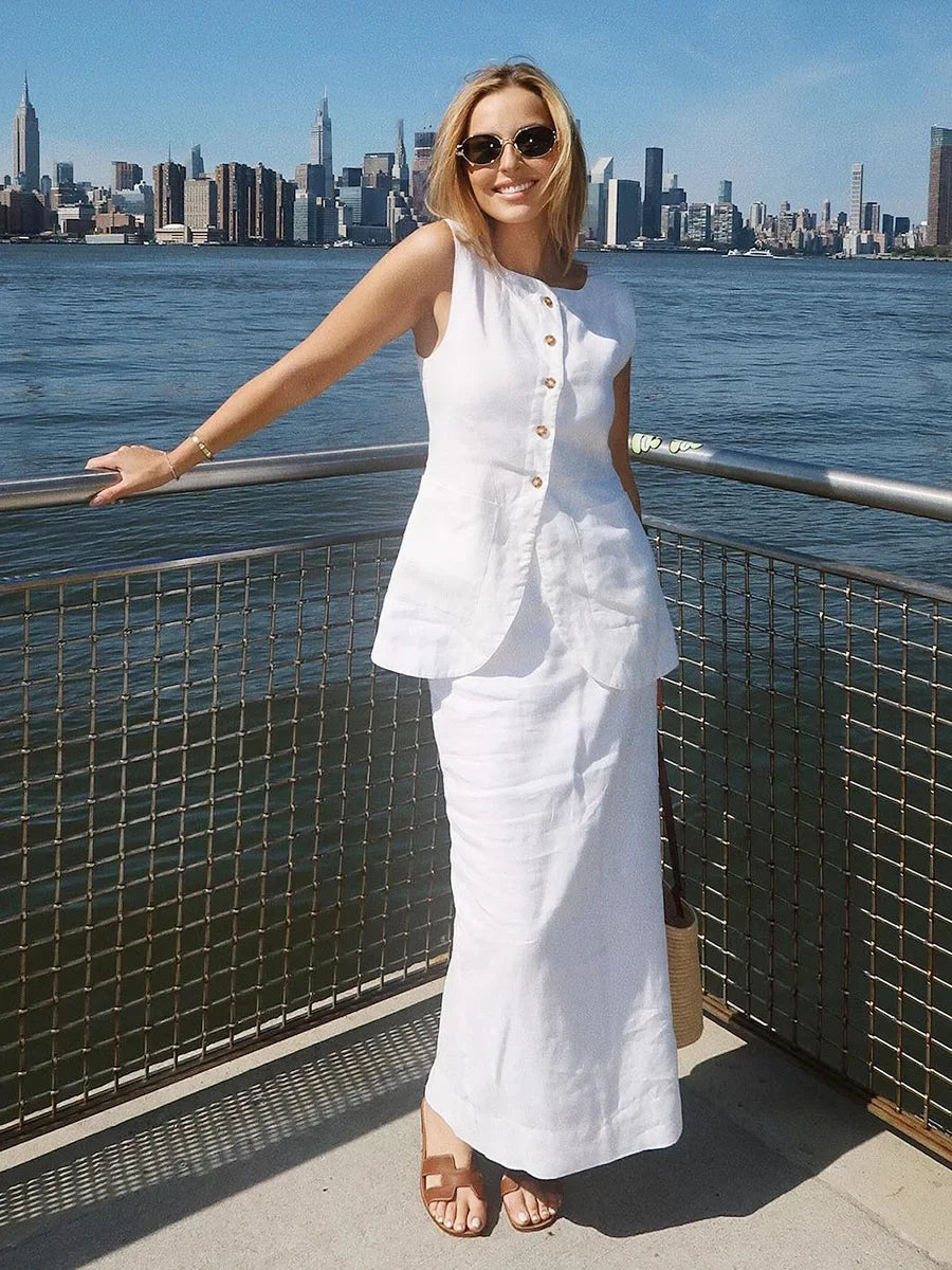 Breathable Linen High Waist Vest And Skirt Set For Women
