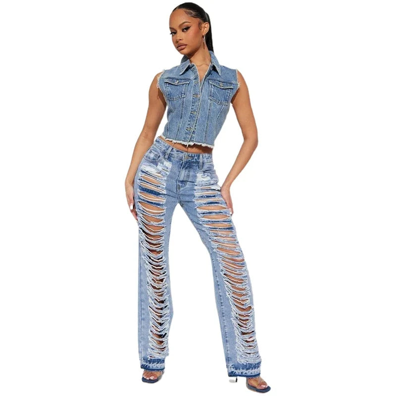 High Waist Ripped Straight Leg Summer Jeans for Women