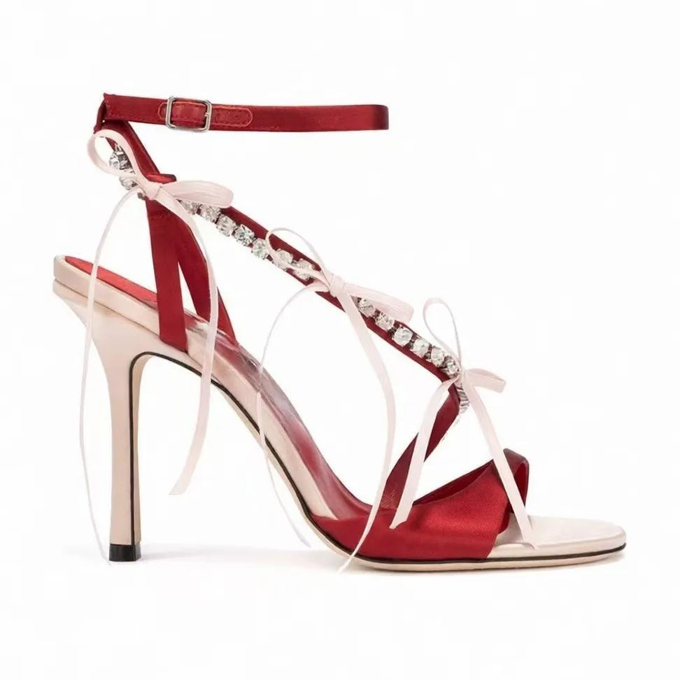 Red Satin Rhinestone Strappy Heels