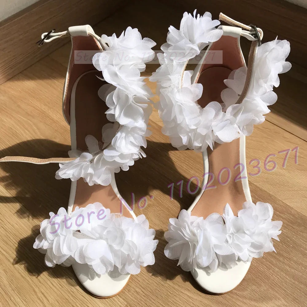 Elegant White Floral Ankle Strap Stiletto Sandals For Women