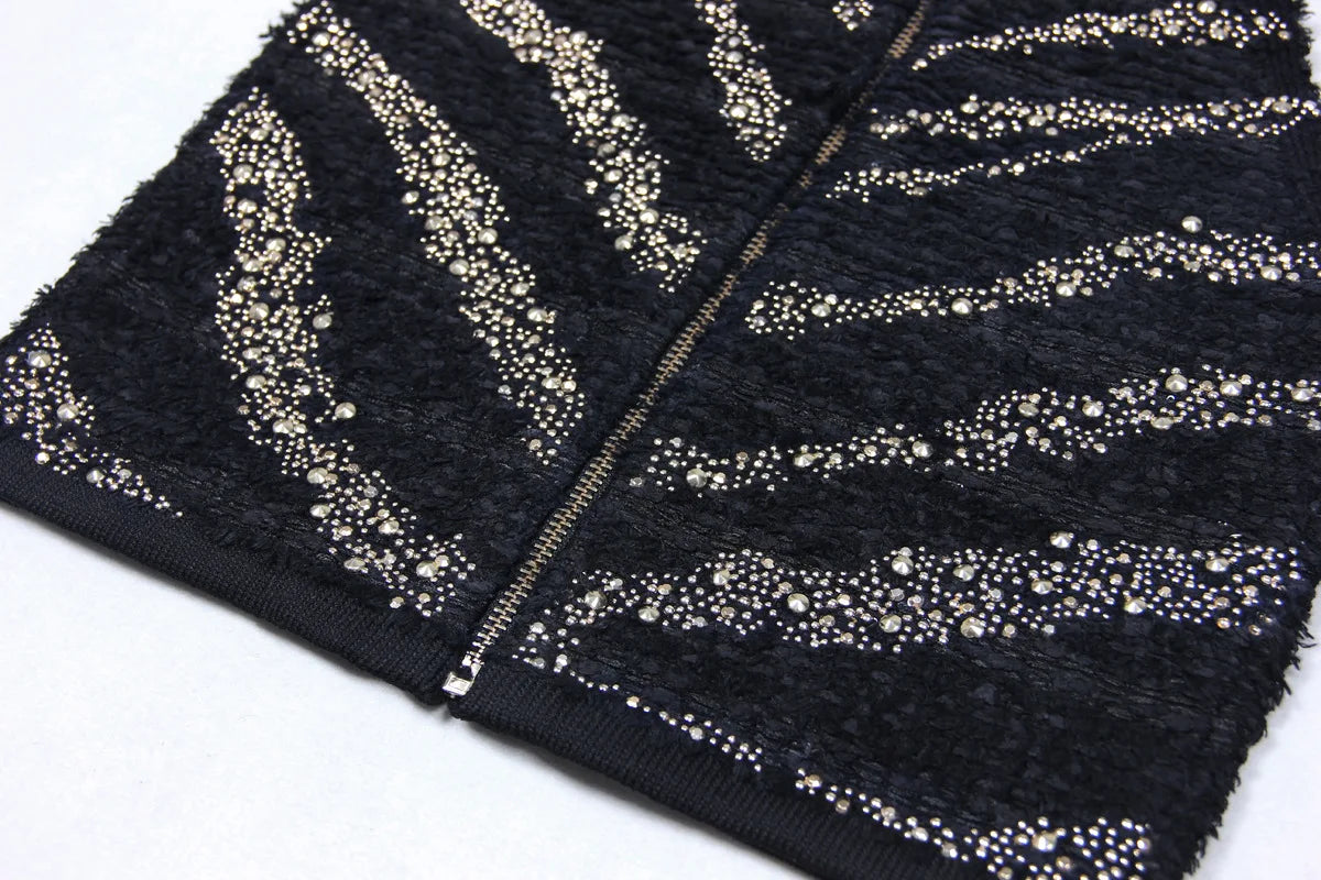 2025 Autumn New Heavy Knitted Hot Diamond Long-sleeved Jacket Sexy Vest + Skirt Set Light Luxury Party Women Three-piece Set
