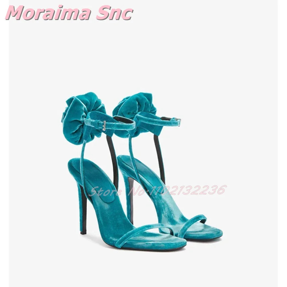 Decorative Floral Velvet Ankle Strap Sandals For Women