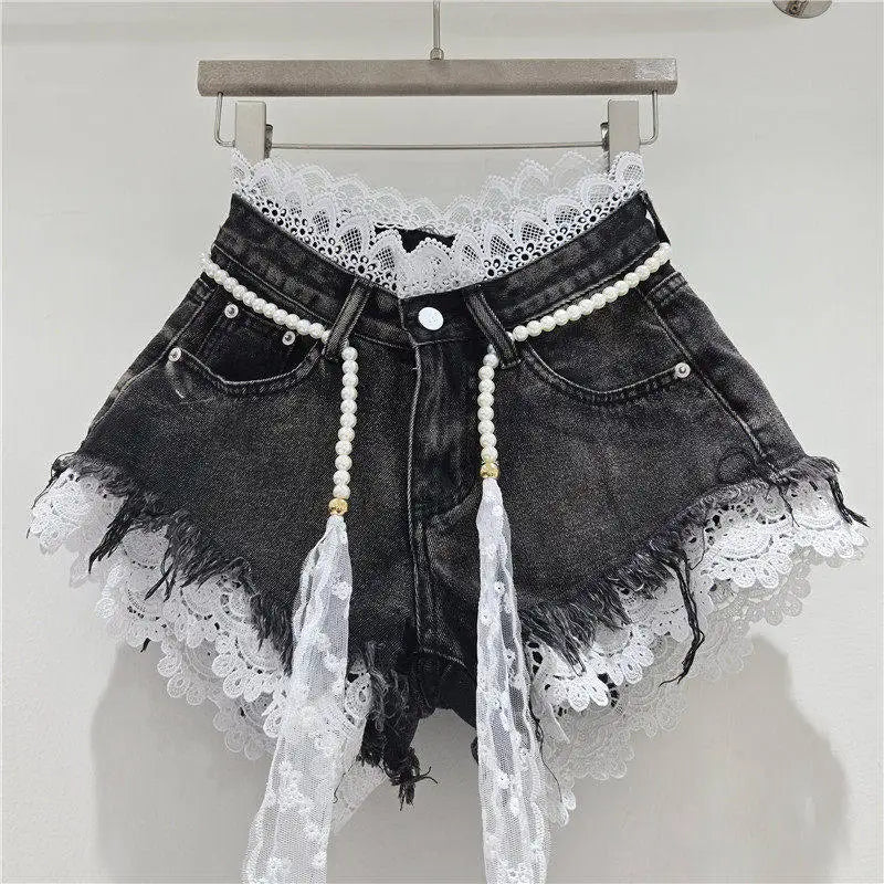 Casual High Waisted Crochet Lace Denim Shorts For Women