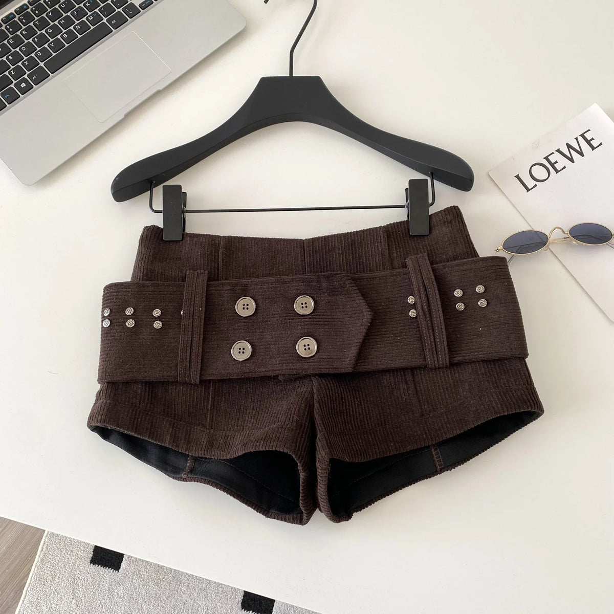 Retro Corduroy Button Detail Low Waist Shorts for Women