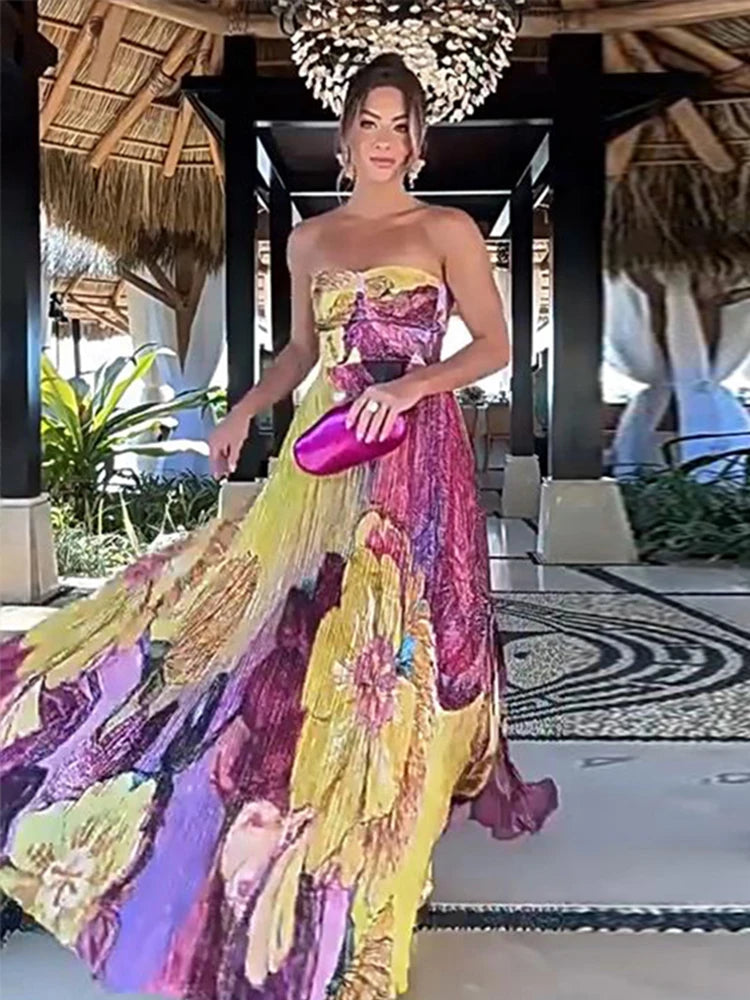Elegant Floral Print Pleated Floor Length Dress For Women