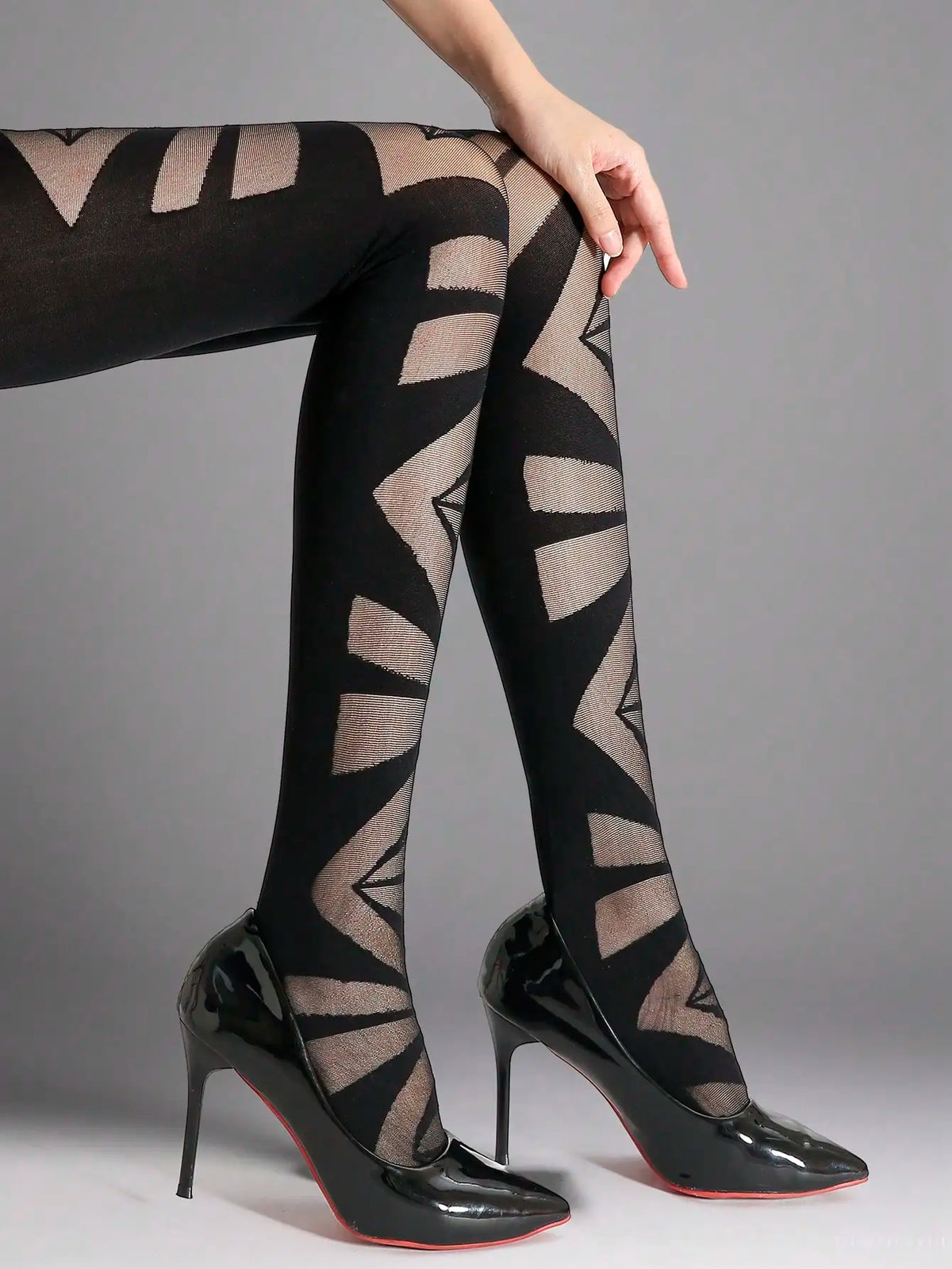 Glossy Geometric Print Sheer Black Tights for Women