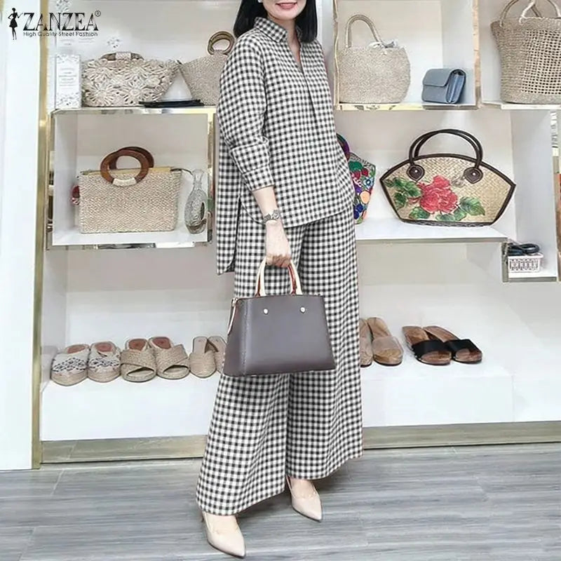 Gingham Blouse And Wide Leg Pants Set