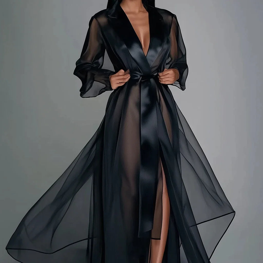 Sheer Organza Long Sleeve Lace Up Maxi Dress With Split Hem For Women