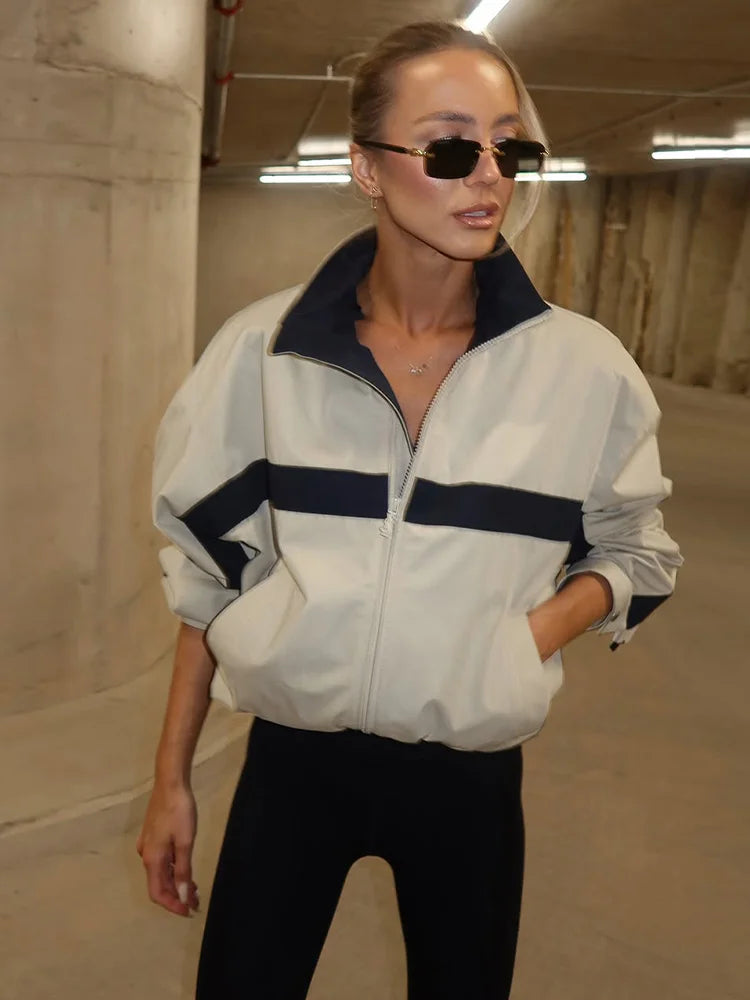 Color Block Zip Up Cropped Jacket With Stand Collar For Women