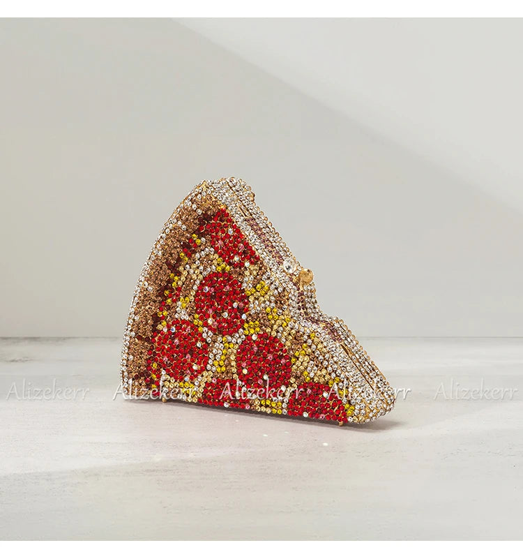 Alizekerr Pizza Shaped Diamond Evening Clutch Bags 2024 New Gorgeous Unique Metallic Watermelon Rhinestone Purses Wedding Party