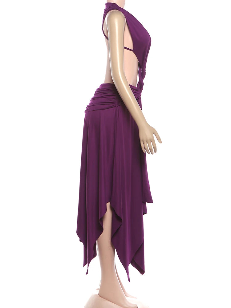 Hollow Design Low Neck Backless Ruched Long Dress for Women