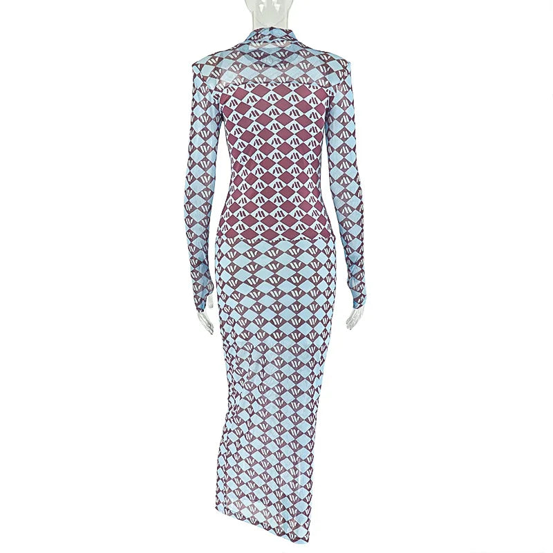 Geometric Print Mesh Sheer Turtleneck Long Dress for Women
