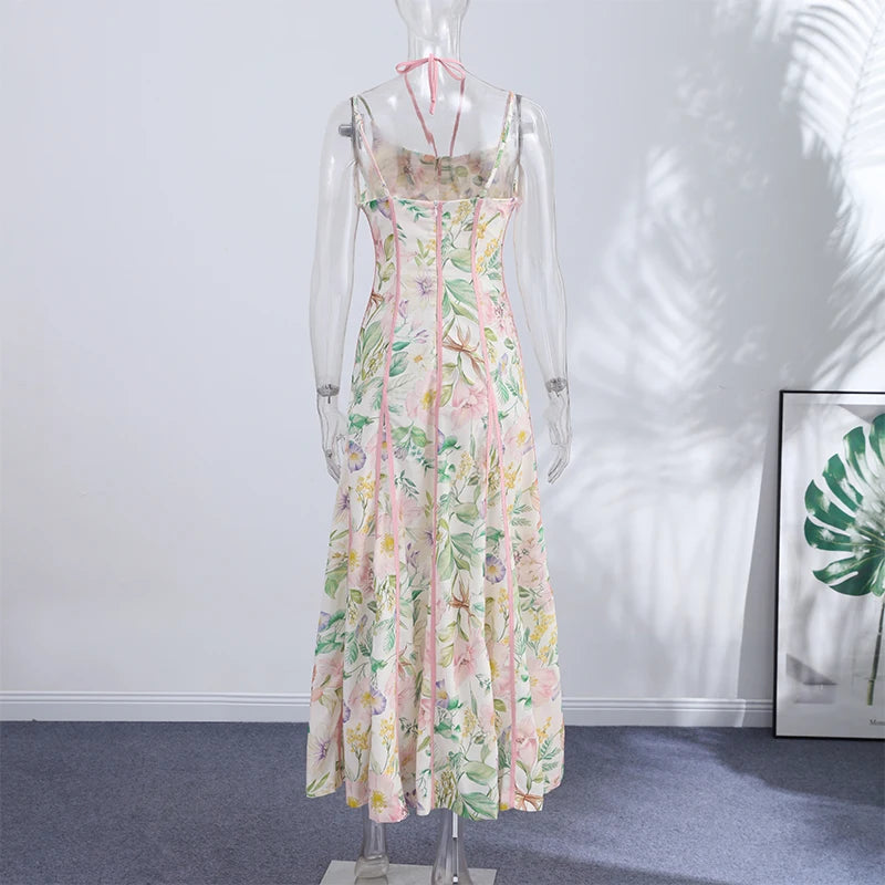 Sweetheart Neckline Floral Print Linen Blend Maxi Dress For Women
