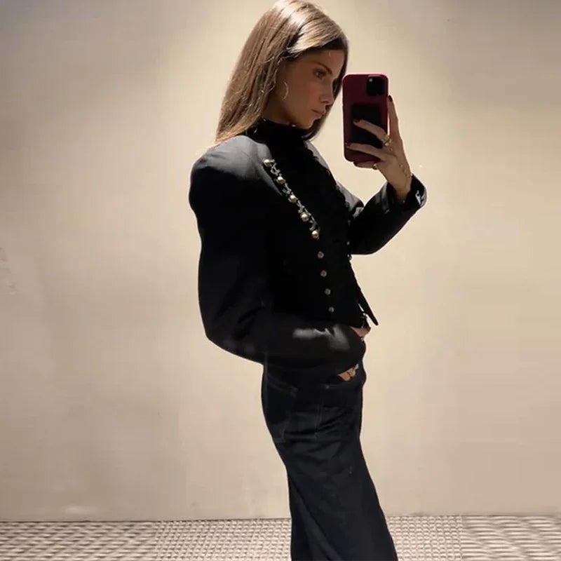 Chic Shoulder Padded Stand Collar Full Sleeve Blazer for Women