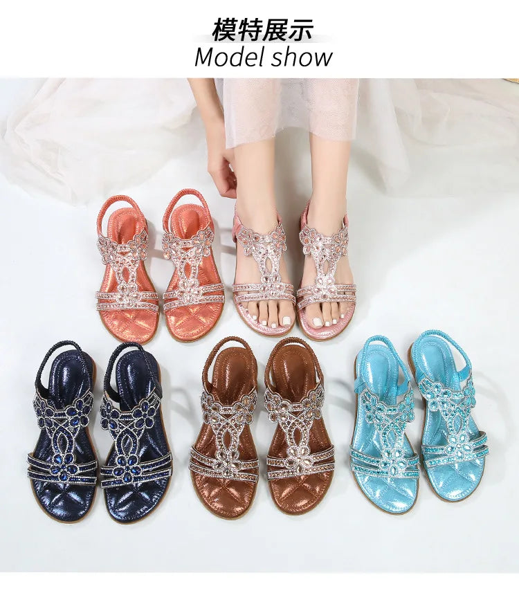 Bohemian Rhinestone Openwork Flat Sandals For Women