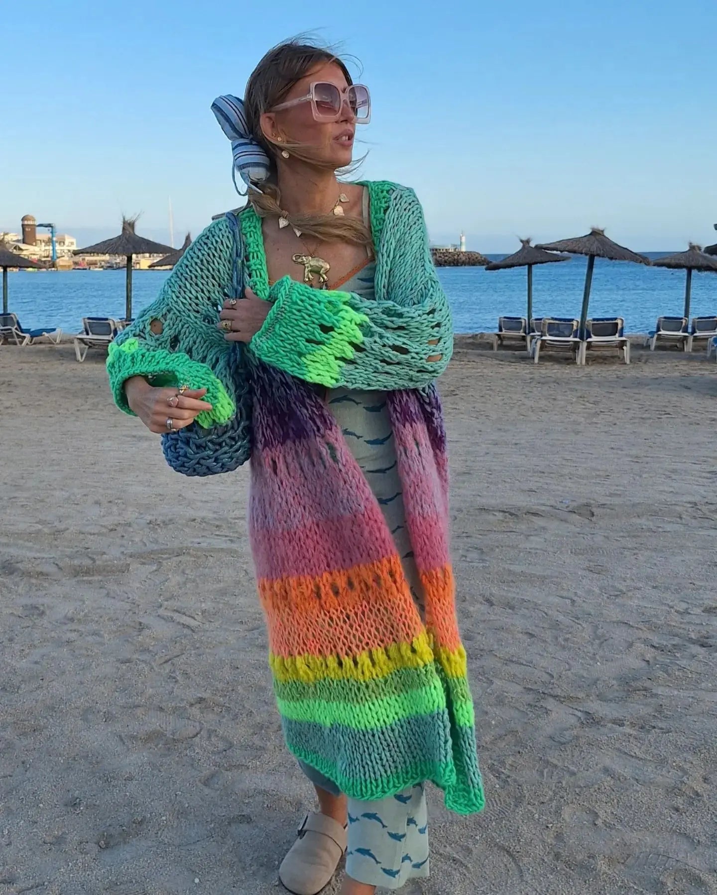 Boho Colorful Luxuriously Handknit Bell Sleeve Crochet Loose Kimono Cardigan 2024 Women Fall Winter Coat Beach Coverup Dress K12