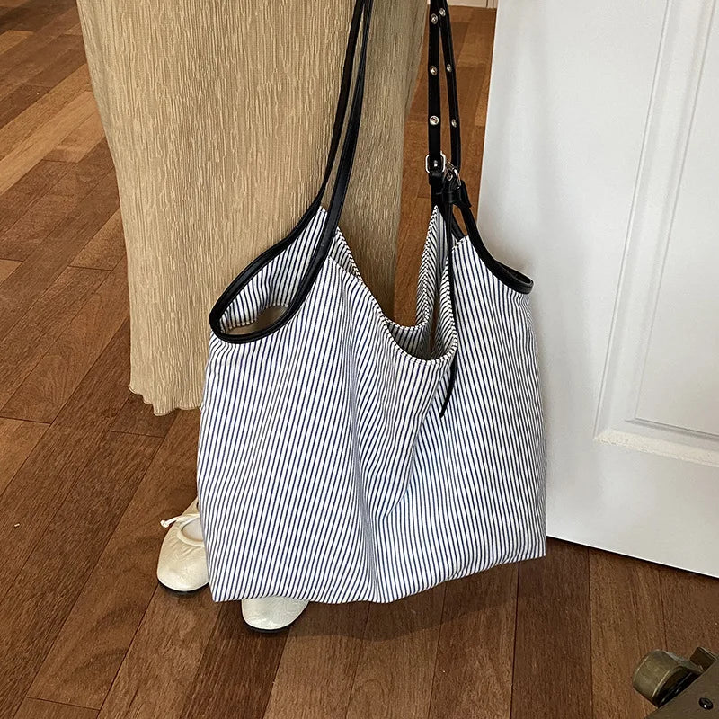 Casual Stripe Canvas Lightweight Shoulder Tote Bag for Women
