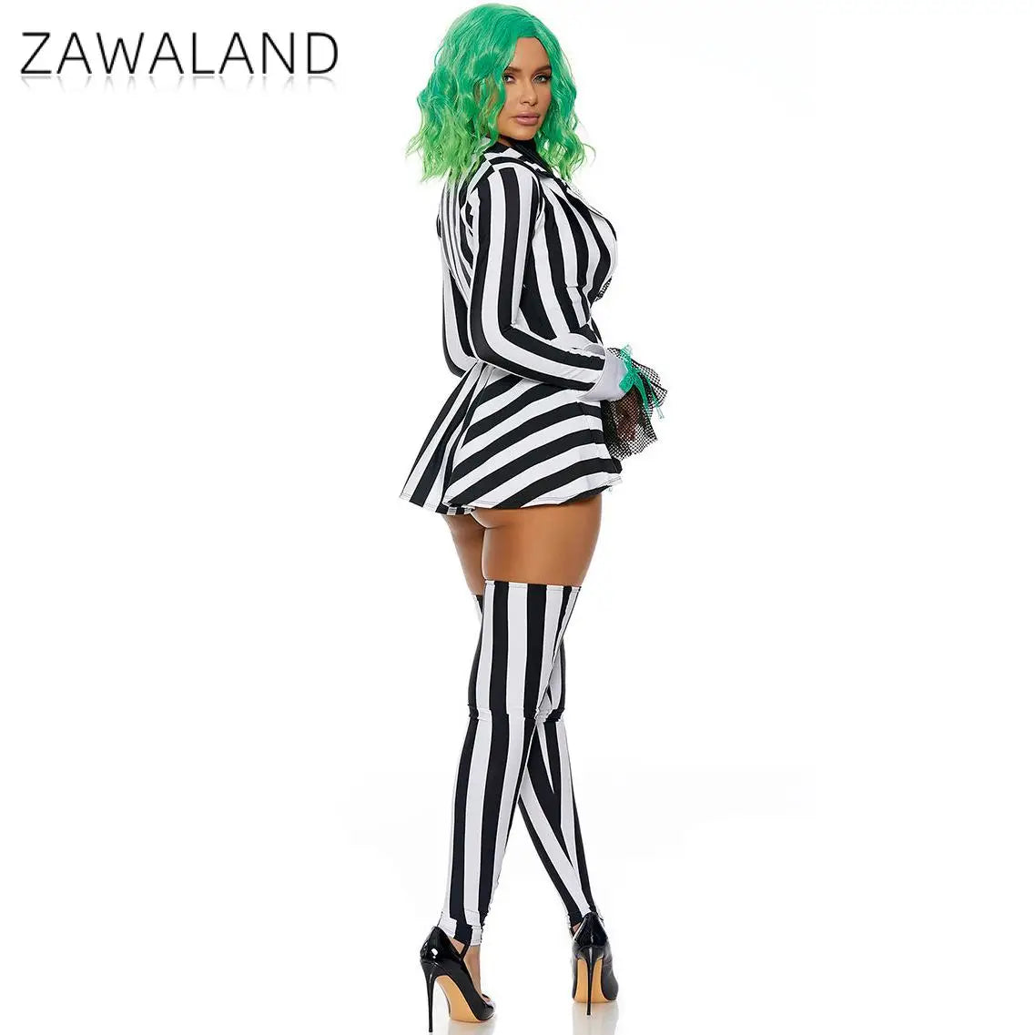 Striped Black And White Clown Costume Set With Jacket And Socks For Women