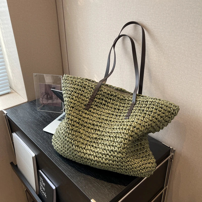 Large Capacity Straw Woven Shoulder Tote Bag for Women