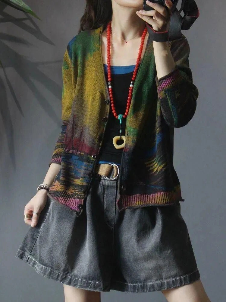 Women's Cardigans Loose V Neck Graphic Ladies Knit Sweaters Outerwear Fall 2025 Lightweight Korean Streetwear Fashion Hot Y2k