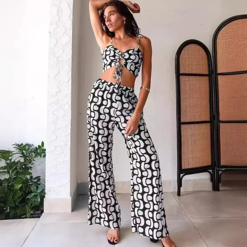 Black White Print 2 Piece Outfit Set Women Clubwear Hollow Out Spaghetti Strap Lace-up Crop Top and Wide Leg Pants Matching Sets