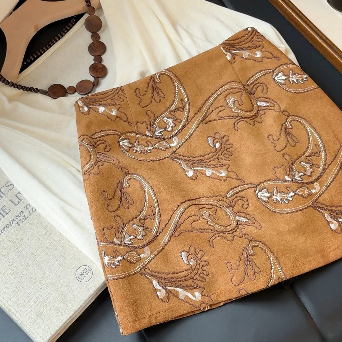 Embroidered Suede A-Line Mini Skirt