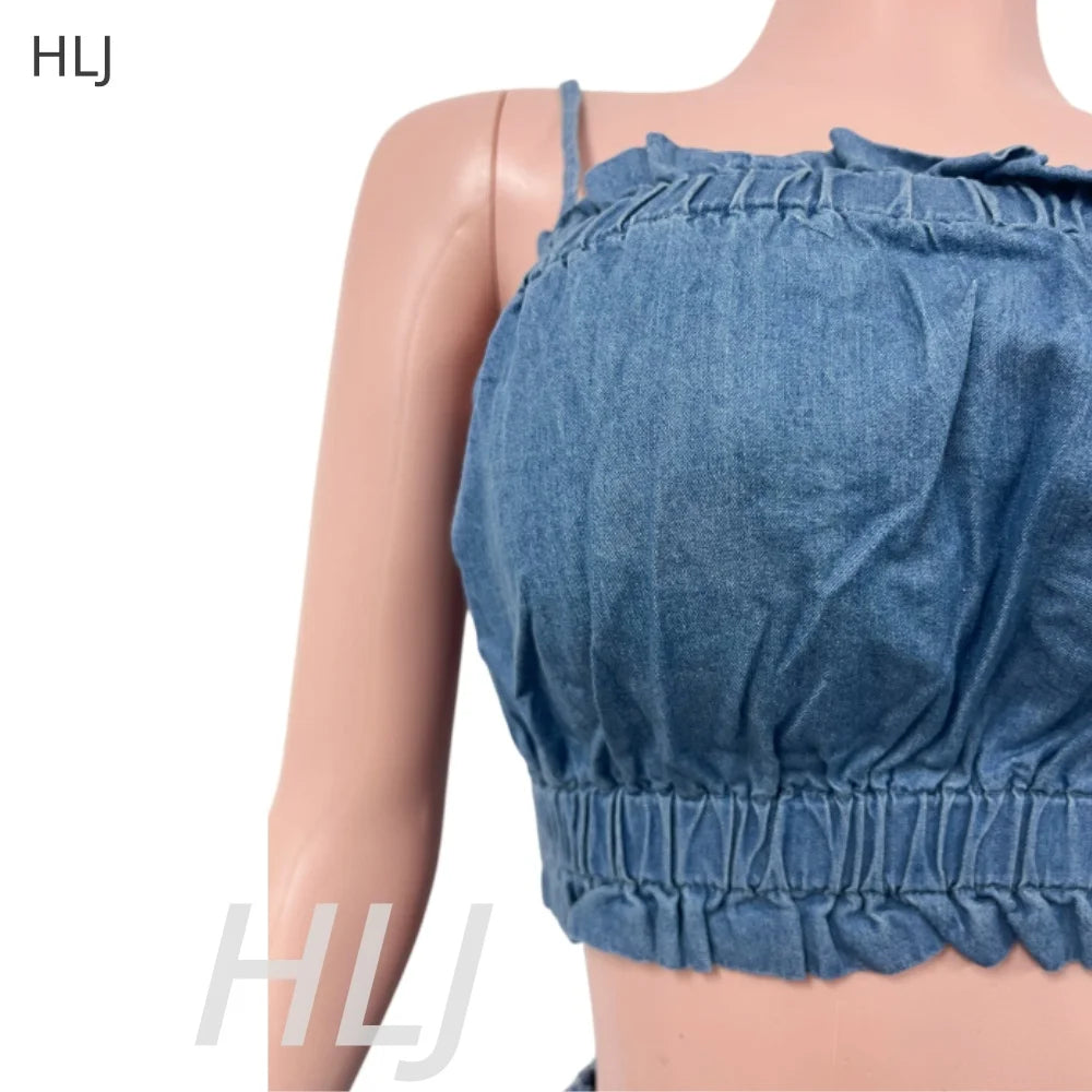 Ruched Spaghetti Strap Denim Two Piece Set for Women