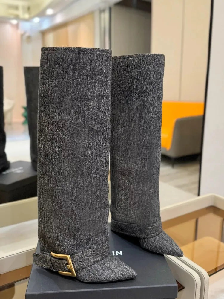 Pointed Toe Knee-High Boots With Belt Buckle for Women
