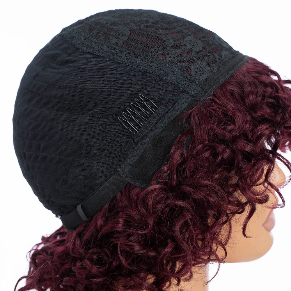 Short Kinky Curly Wig With Bangs And Mixed Highlights For Women