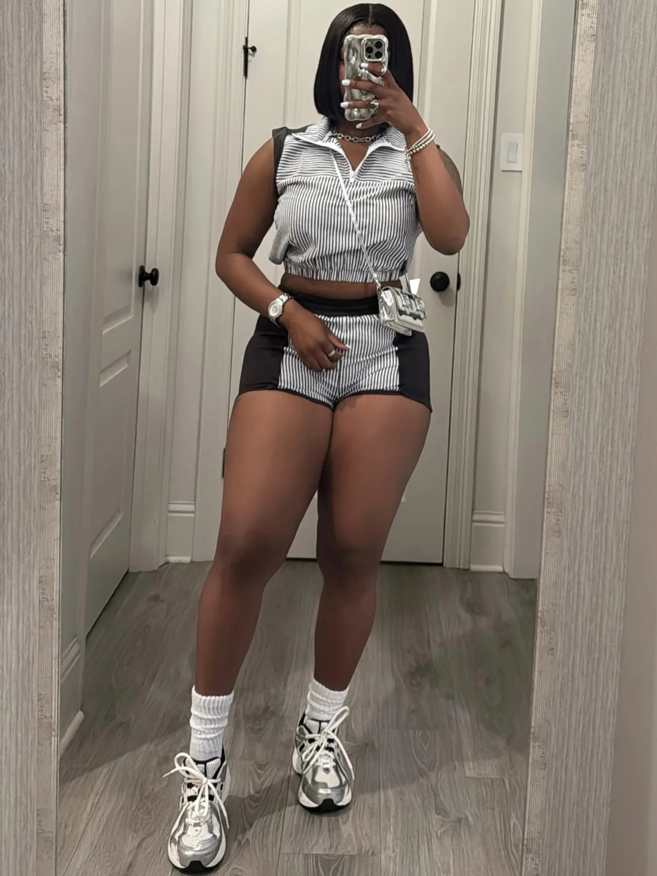Striped Patchwork Crop Top and Shorts Set for Women