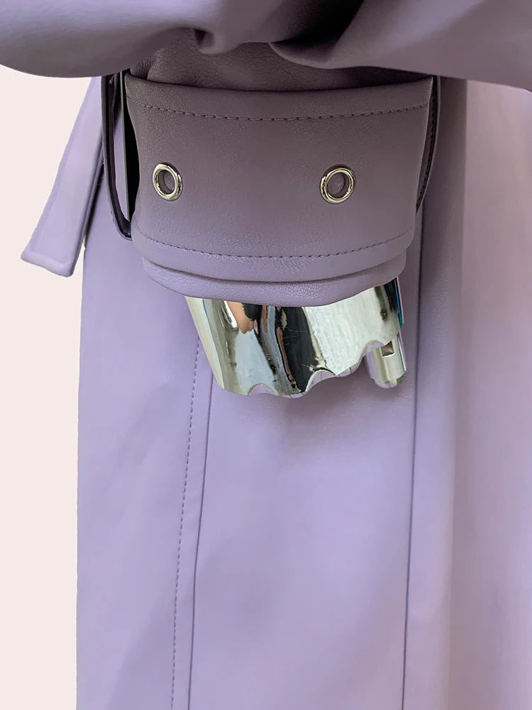 Long Purple Faux Leather Trench Coat With Ruffled Collar For Women