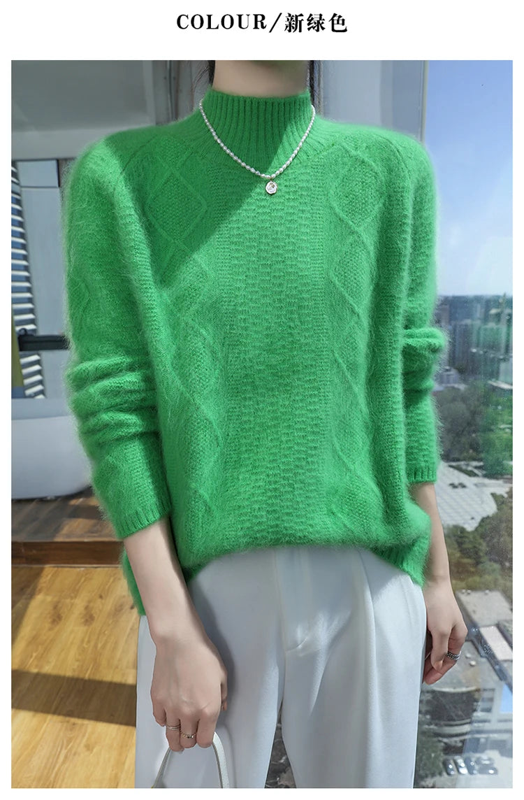 Floral Jacquard Long Sleeve High Neck Knit Sweater for Women