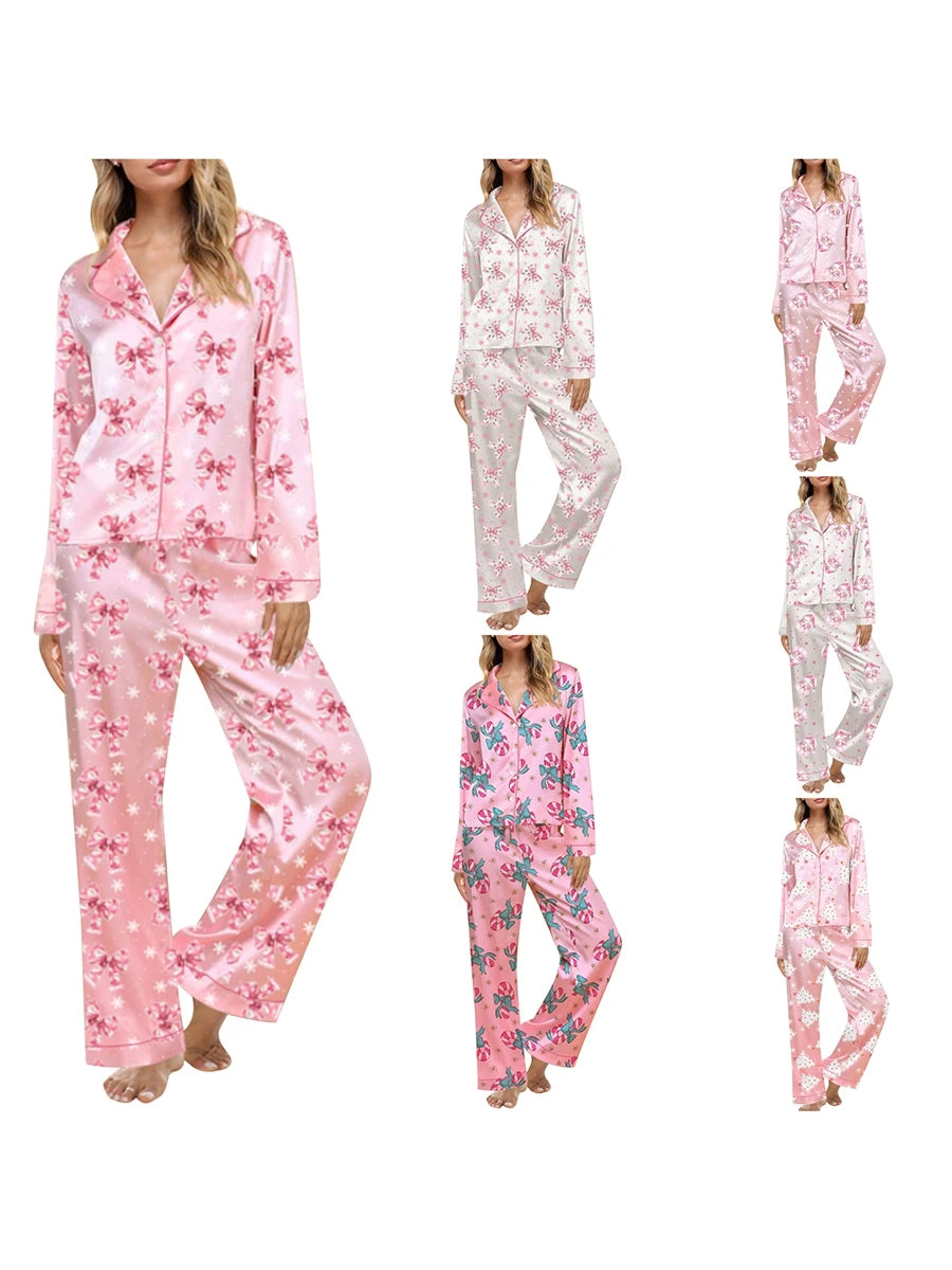 Women'S Autumn  Winter Clothing Christmas Elements Cute Bow Print Long Sleeved Shirt  Elastic Pants 2PCS Street Wear Home Wear