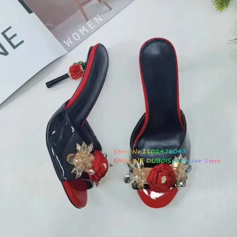 Jeweled Crystal Flower strange Heel Mules Women Leather Peep Toe Rose Decoration Slingback High Heel Slippers For Girl