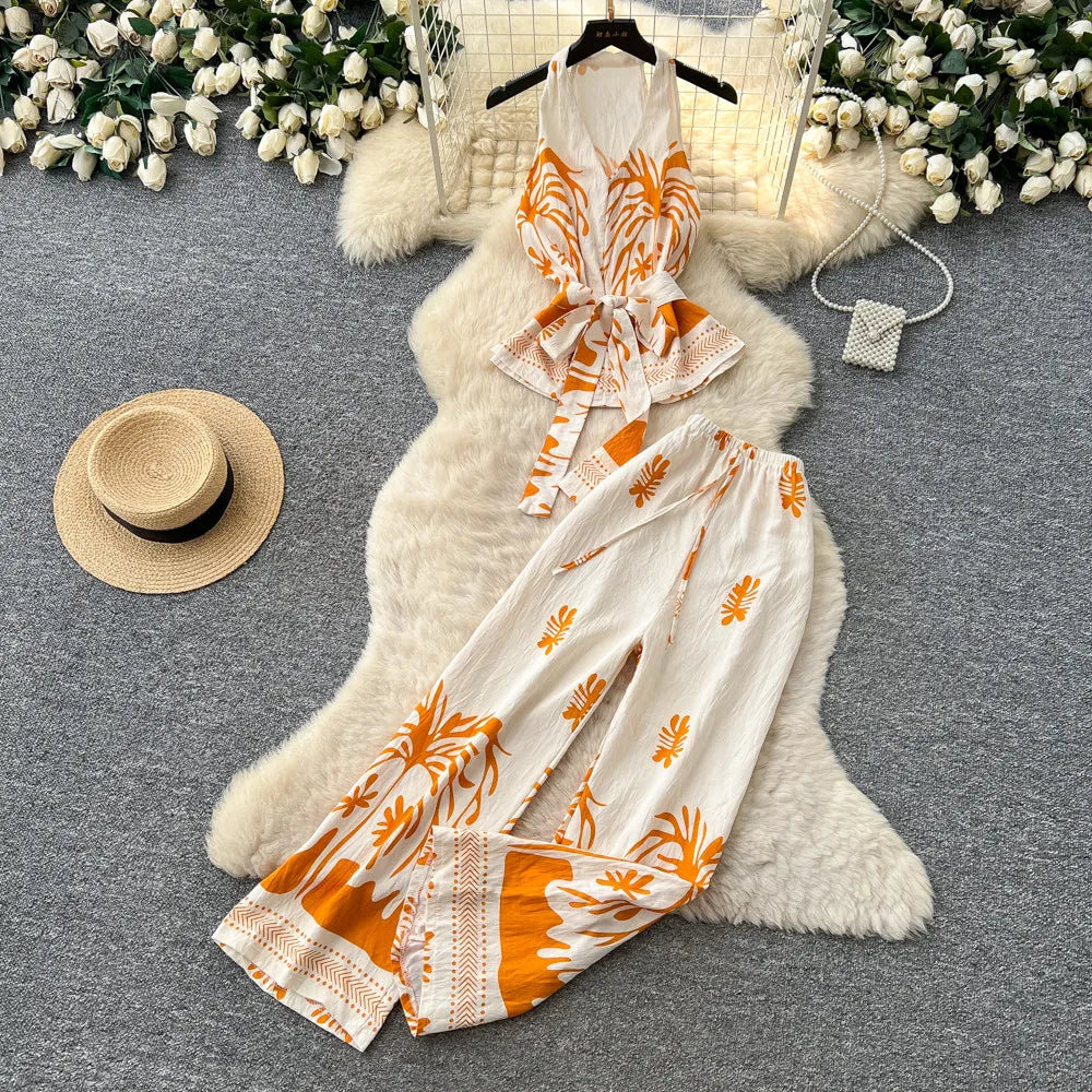 Boho Print Lace-Up Tank Top and Wide-Leg Pants Set for Women