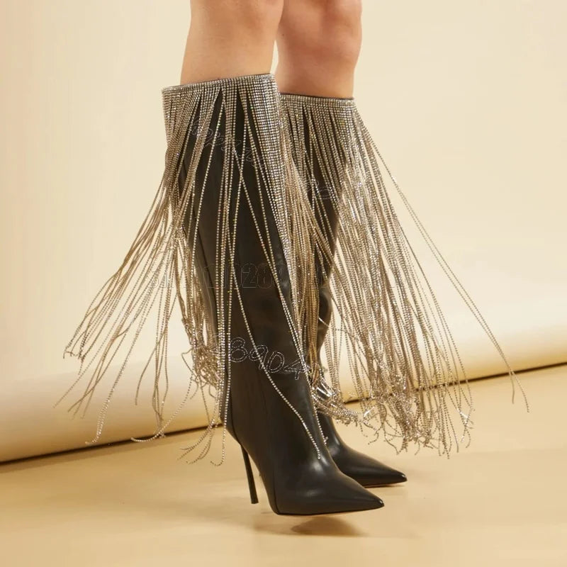Black Pointed Toe Boots With Rhinestone Tassels For Women