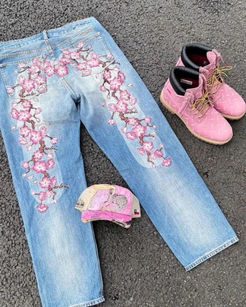 Vintage Cherry Blossom Embroidery Baggy Jeans Women Y2k Harajuku Hip Hop Casual 2000s Wide Trousers American Gothic Streetwear