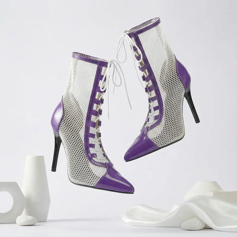 Breathable Mesh Pointy Toe Lace Up Thin Heel Ankle Boots for Women