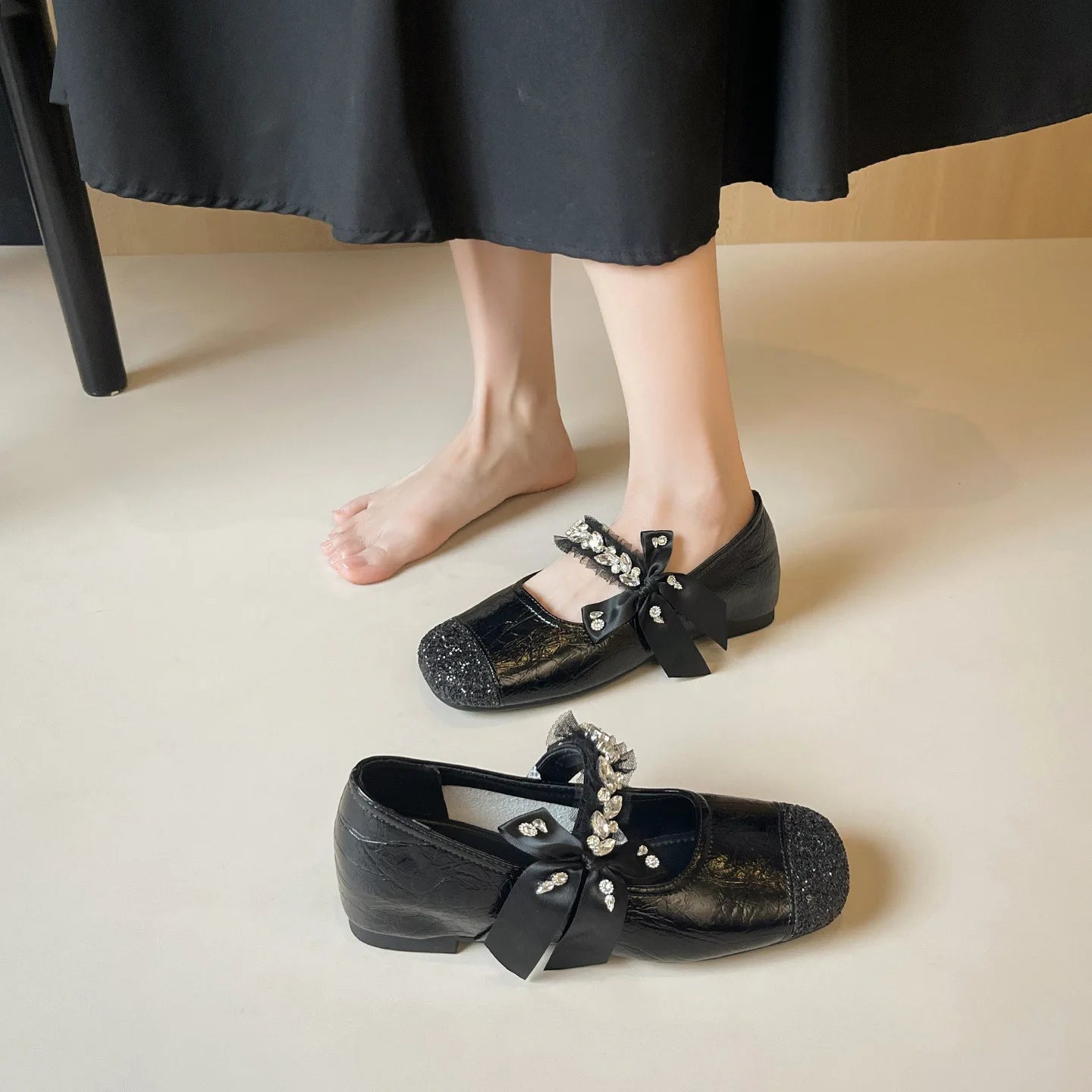 Elegant Rhinestone Bowknot Mary Jane Flats For Women