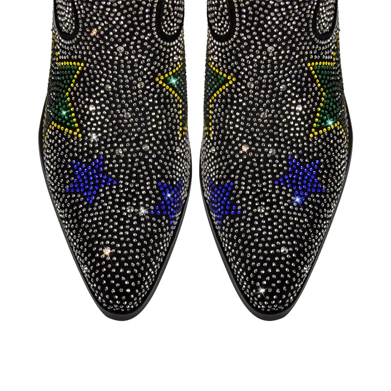 Rhinestone Lace Up Mid Calf Western Boots for Women
