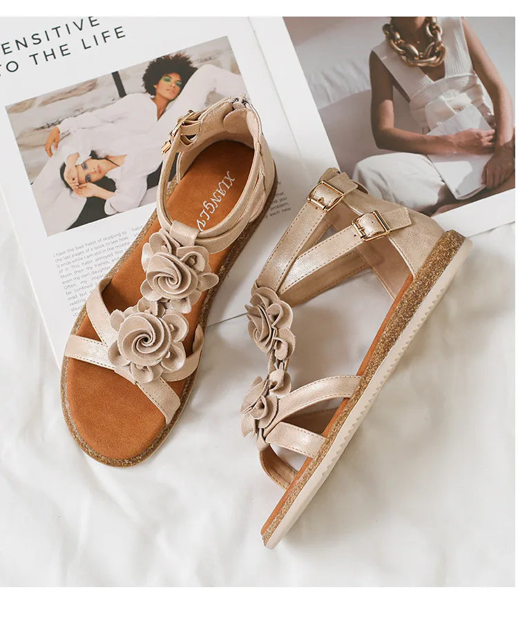 Strappy Bohemian Floral Printed Flat Sandals for Women