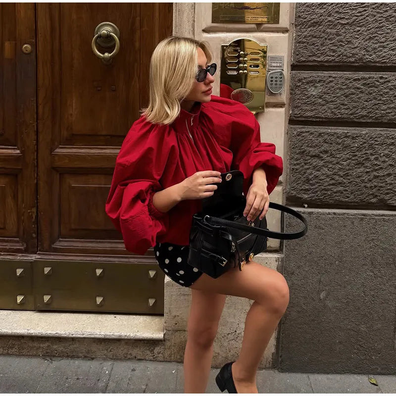 Zip Up High Neck Puff Sleeve Cropped Jacket For Women