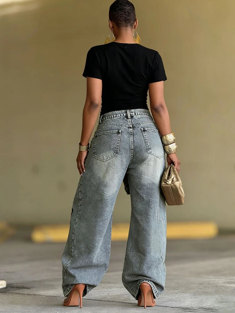 Vintage Washed Wide Leg Hip Hop Denim Jeans for Women