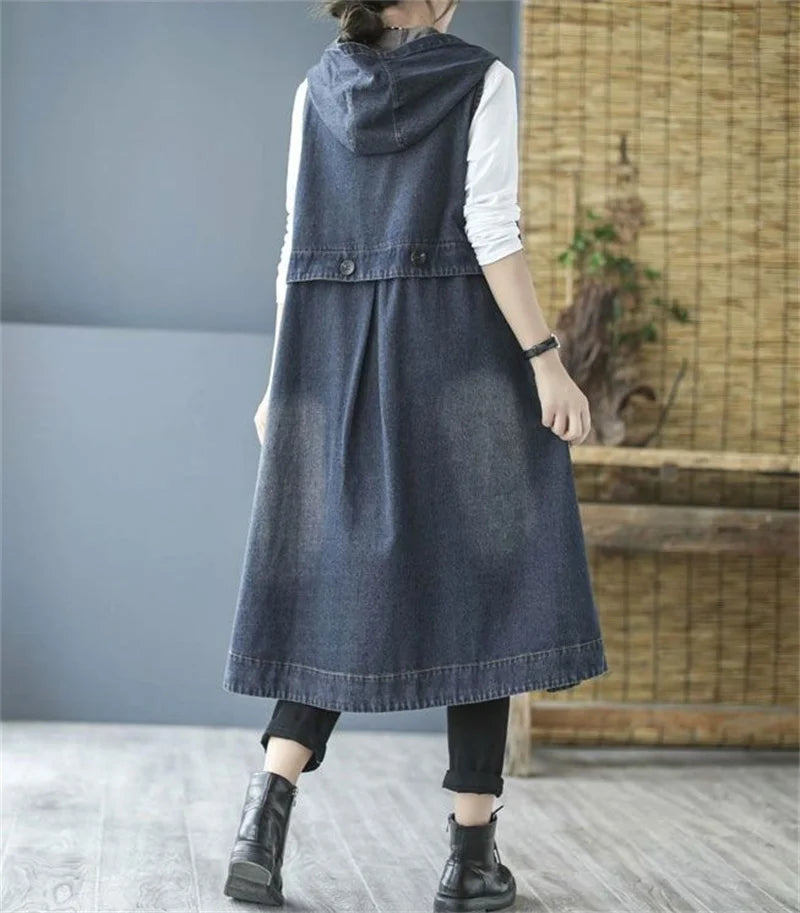 Loose Fit Hooded Denim Vest With Big Pockets For Women