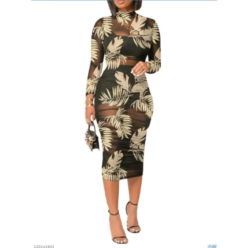 Long Sleeve Mesh Maxi Dress with Stripe Print for Women