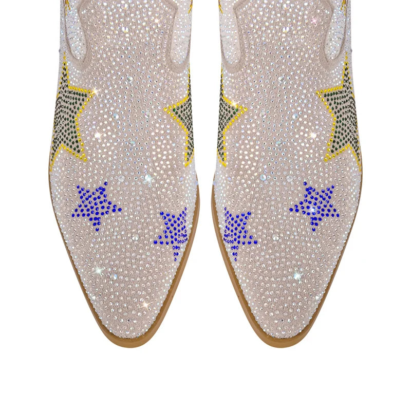 Rhinestone Lace Up Mid Calf Western Boots for Women